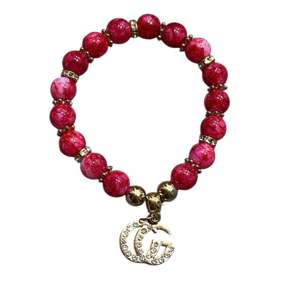 Elegant Pink Beaded Bracelet with Gold Charm